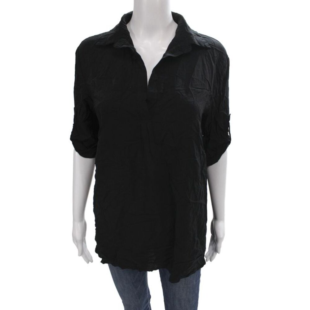 Ekouaer Women Collared Black Cotton Tunic 3/4 Sleeve Casual Size S